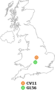 map showing distance between CV11 and GL56