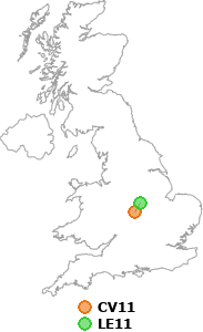 map showing distance between CV11 and LE11
