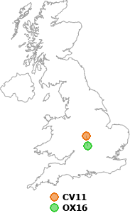 map showing distance between CV11 and OX16