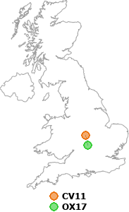 map showing distance between CV11 and OX17