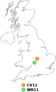 map showing distance between CV11 and WR11