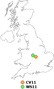 map showing distance between CV11 and WS11