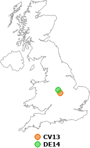 map showing distance between CV13 and DE14
