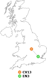 map showing distance between CV13 and EN3