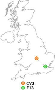 map showing distance between CV2 and E13