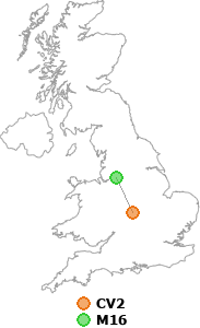 map showing distance between CV2 and M16