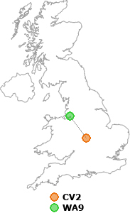 map showing distance between CV2 and WA9