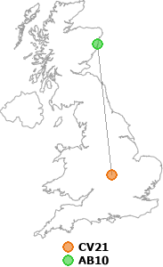map showing distance between CV21 and AB10