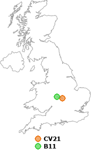 map showing distance between CV21 and B11