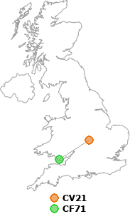 map showing distance between CV21 and CF71