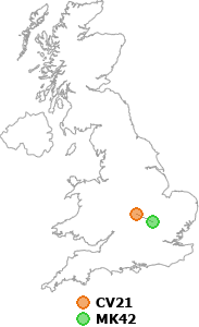 map showing distance between CV21 and MK42