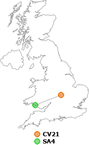 map showing distance between CV21 and SA4