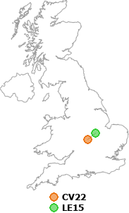 map showing distance between CV22 and LE15