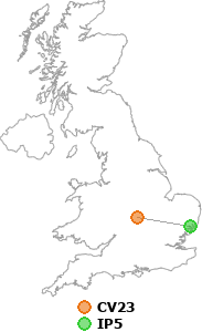 map showing distance between CV23 and IP5