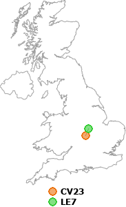 map showing distance between CV23 and LE7