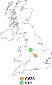 map showing distance between CV23 and ST4