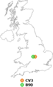 map showing distance between CV3 and B90