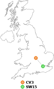 map showing distance between CV3 and SW15