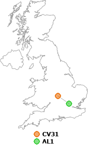 map showing distance between CV31 and AL1