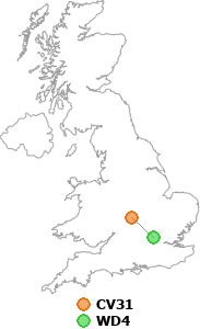 map showing distance between CV31 and WD4