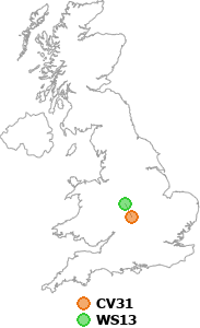 map showing distance between CV31 and WS13