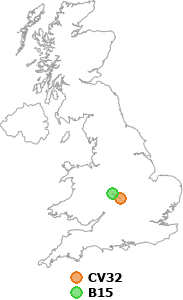 map showing distance between CV32 and B15