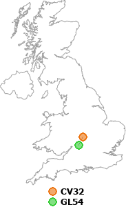 map showing distance between CV32 and GL54