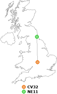 map showing distance between CV32 and NE11