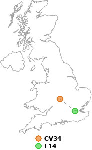 map showing distance between CV34 and E14