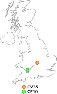 map showing distance between CV35 and CF10