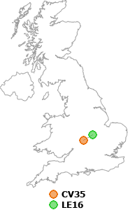 map showing distance between CV35 and LE16