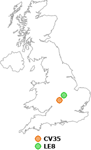 map showing distance between CV35 and LE8