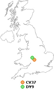 map showing distance between CV37 and DY9