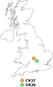 map showing distance between CV37 and OX26