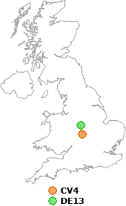 map showing distance between CV4 and DE13