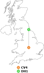 map showing distance between CV4 and DH1