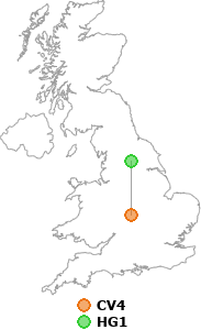 map showing distance between CV4 and HG1