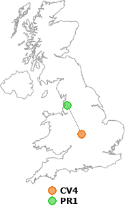 map showing distance between CV4 and PR1