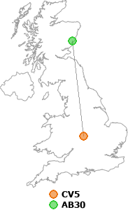 map showing distance between CV5 and AB30