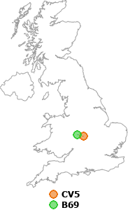 map showing distance between CV5 and B69