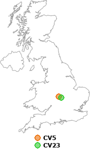 map showing distance between CV5 and CV23