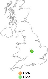 map showing distance between CV6 and CV2
