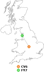 map showing distance between CV6 and FY7
