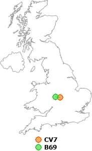 map showing distance between CV7 and B69