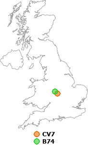 map showing distance between CV7 and B74