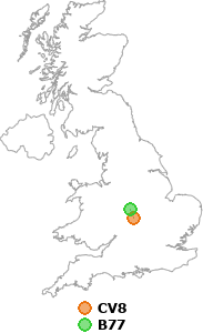 map showing distance between CV8 and B77