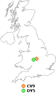 map showing distance between CV9 and DY5