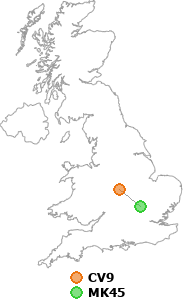 map showing distance between CV9 and MK45