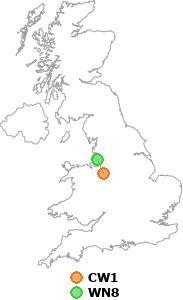 map showing distance between CW1 and WN8