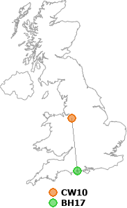 map showing distance between CW10 and BH17